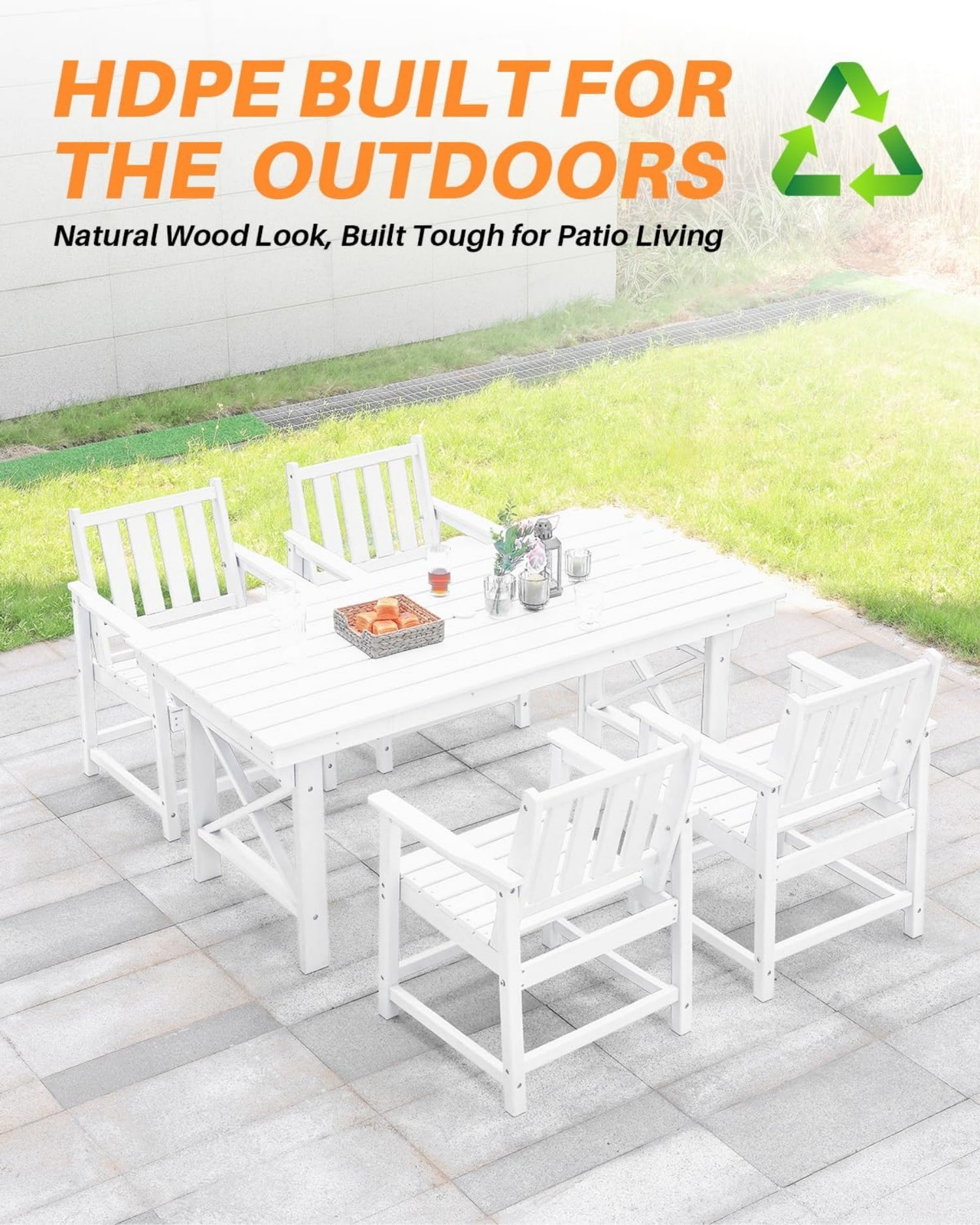 HDPE Outdoor Dining Table for 6, 66.9" Rectangular Patio Dining Table with 2.2" Umbrella Hole, All-Weather Outdoor Table for Backyard, Deck, Garden, Poolside, Pearl