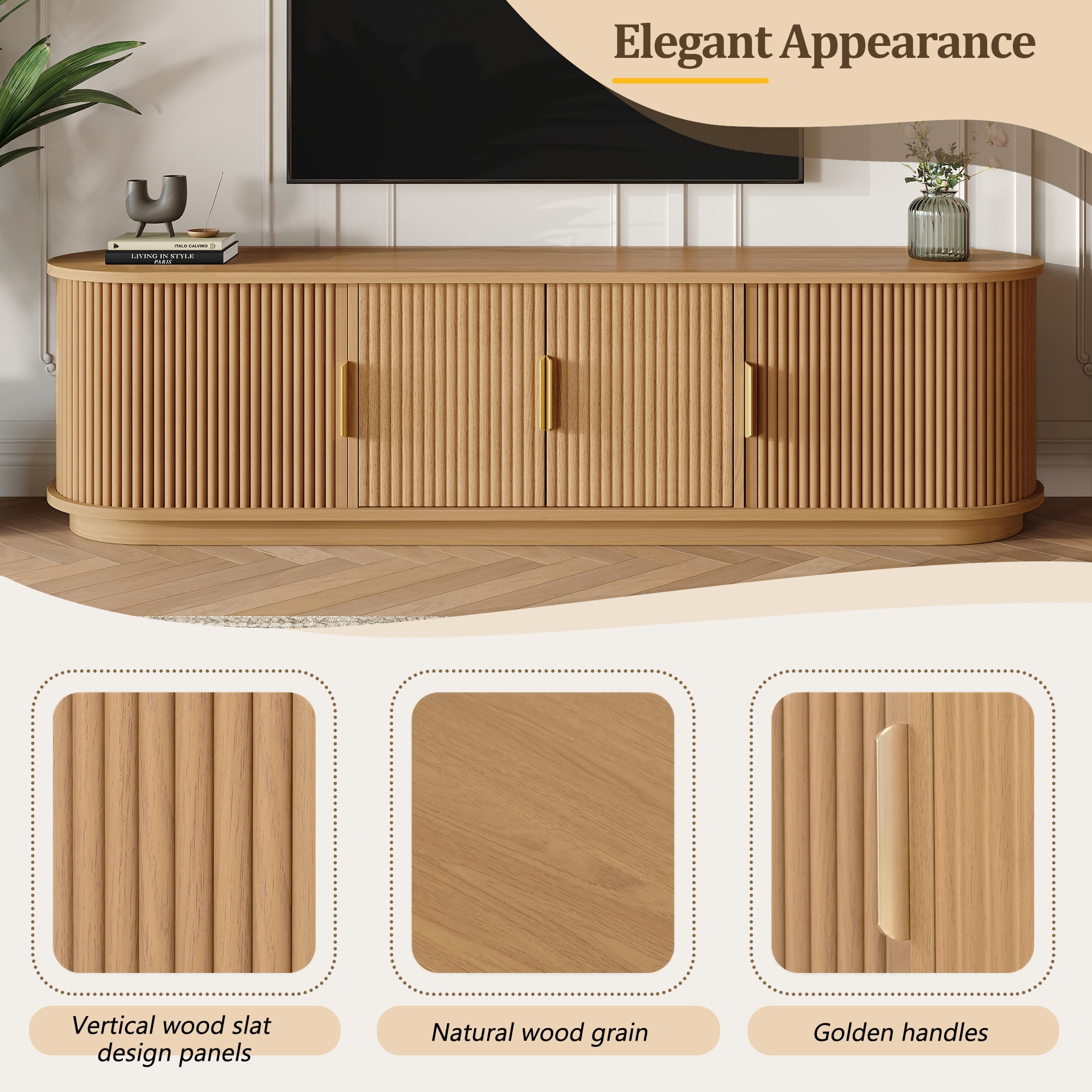 Miniyam Farmhouse Wooden TV Stand with Sliding Tambour Door for TVs up to 75", Fluted Media Console with Adjustable Storage, & Cable Holes for Living Room, Natural