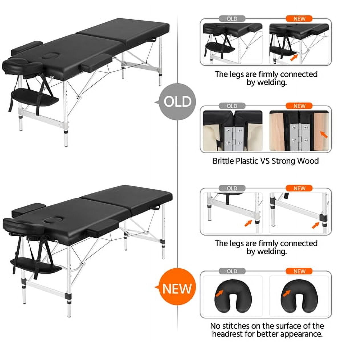 Alden Design 3 Section Adjustable Aluminum Massage Table with Headrest & Armrest, 84", Black