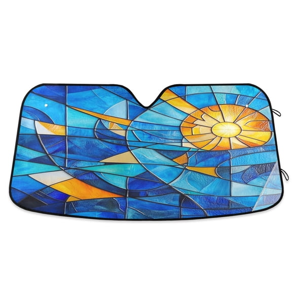 Qxltty Blue Glass Sun Pattern Car Windshield Sunshades Foldable UV Rays Sun Visor Protector Keep Your Vehicle Cool 53×23.5in