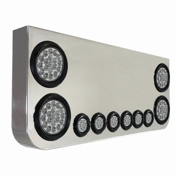 Turnpike Truck Trim 34 X 14 Inch 304 SS Rear Center Panel Round Corners W/ 4 Rnd Red / Clear 4 Inch & 6 Rnd Red / Red 2 Inch Lights