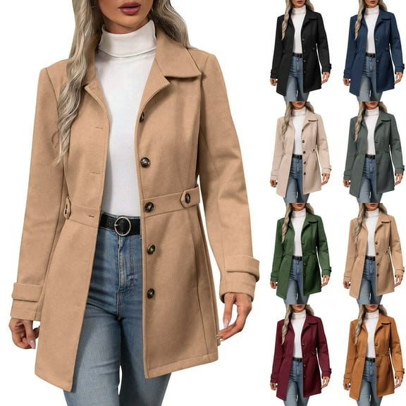 HomeDM Faux Wool Trench Coat for Women, Mid-Length Winter Warm Open Front Button Down Jackets with Pockets, Khaki
