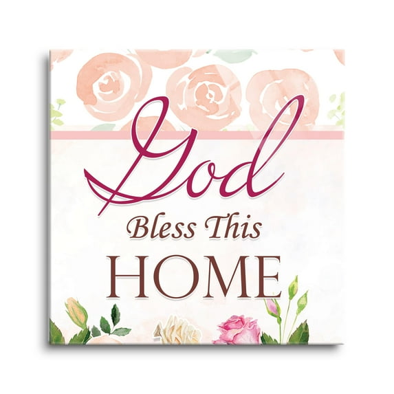 Bless This Home Soft Pink Floral 24 x 24 Glass Wall Hanging Sign