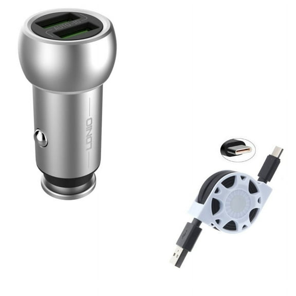 Type-C Retractable USB Cable w 2-Port USB 3.6A Car Charger N7X for Acer Liquid Jade Primo - Alcatel PulseMix, 7, Idol 5S 5 4S - ASUS Zenfone V Live, ROG Phone, AR 6 5z 4 Pro