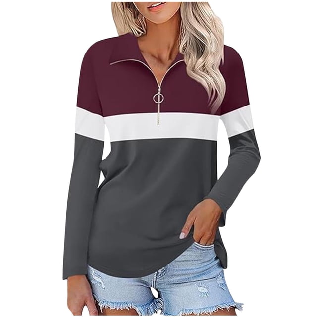 Yigetop Sweat à Demi-Zip pour Femmes Manches 3/4 Col en V Pull Décontracté Tunique d'Automne Blouses à Blocs de Couleur Pull à Col Rouge1 L