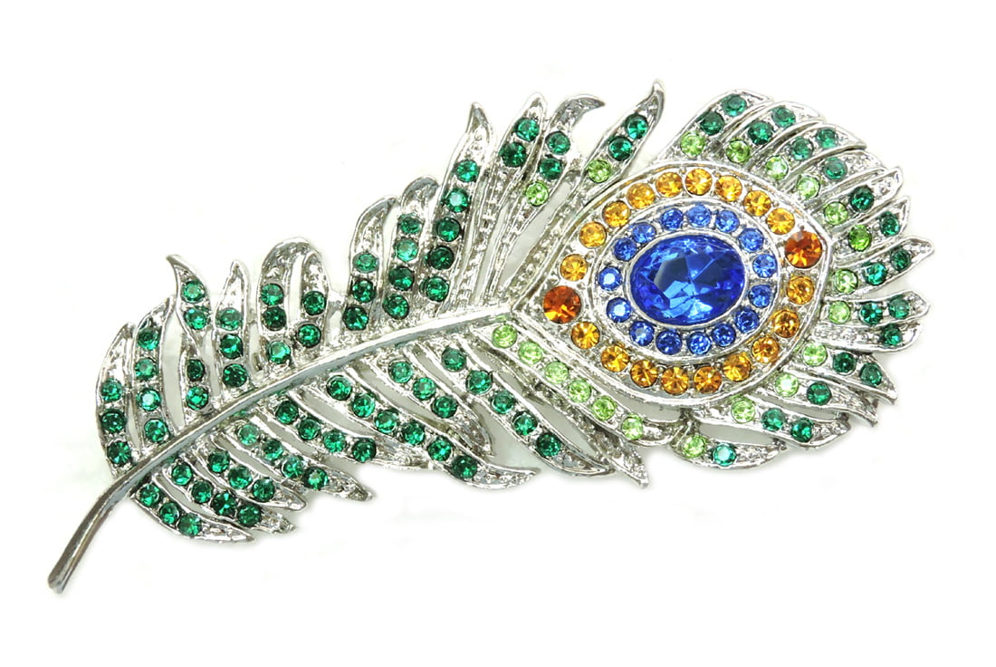 Yodio 1 Pc Cute New Blue Rhinestone Crystal Peacock Feather Brooch Pins for Women Girl