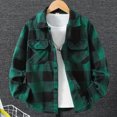 thumbnail image 2 of KPOPLK Boy's Flannel Plaid Shirt Teen Colorblock Long Sleeve Button Down Lapel Top for Boys Fall Winter Clothes 5-15 Years Size 13-14 Years,Dark Green, 2 of 5