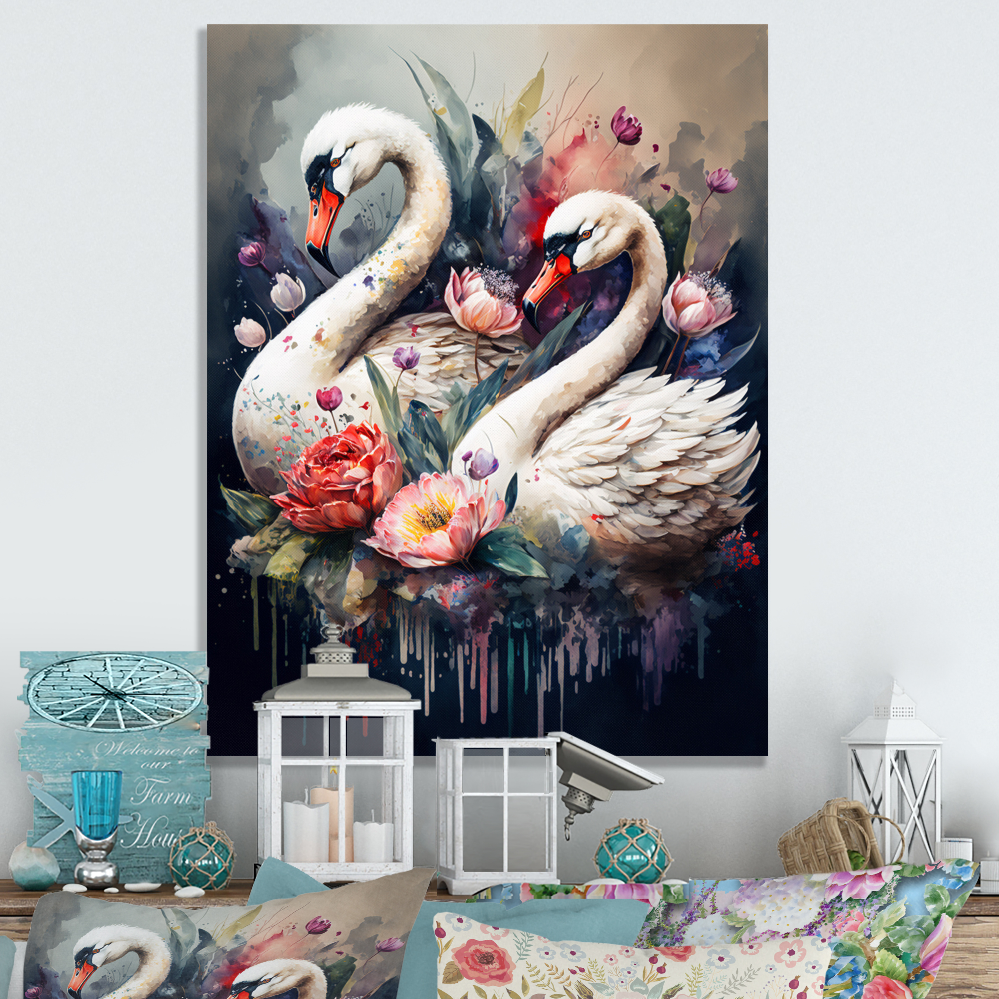 Designart Cute Swans Floral Art I Canvas Wall Art