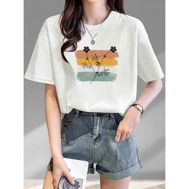 Vintage-Inspired Floral Print Women's Cotton T-Shirt - Comfortable & Stylish Casual Round Neck Short Sleeve Top, Perfect for Casual Attire Tee For Adult, Men, Women, Teen, Teenager, Adolescent, Youth