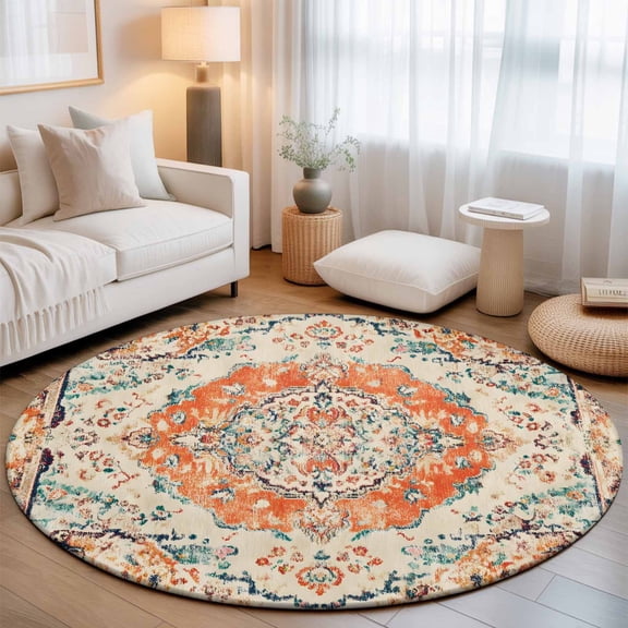 Small Round Rug 3Ft, Orange Beige Boho Non-Slip Washable Circle Rugs Carpet, Vintage Ethnic Abstract Art Floral Indoor Outdoor Rug Floor Mats Throw Runner for Bedroom Living Room Bathroom