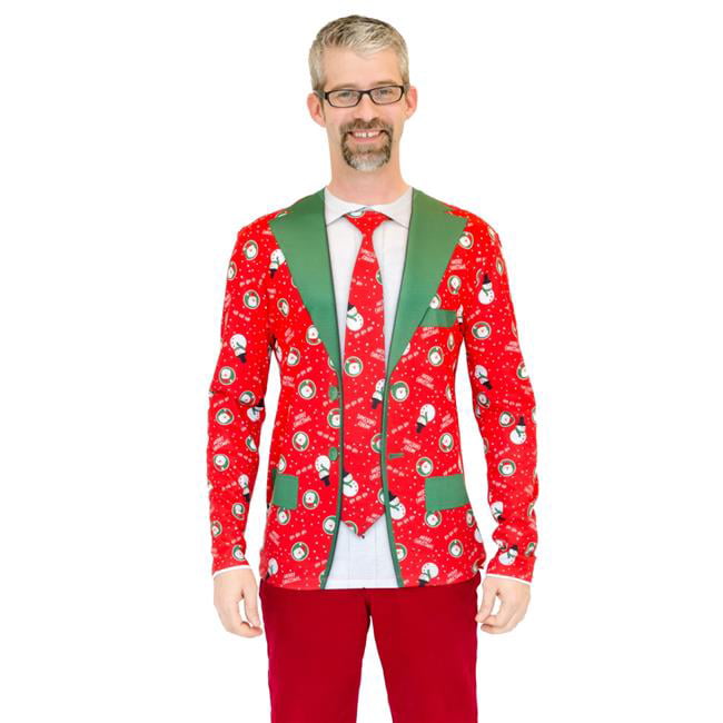 Faux Real Mens Faux Red Christmas Suit and Tie Photorealistic Long-Sleeve T-Shirt