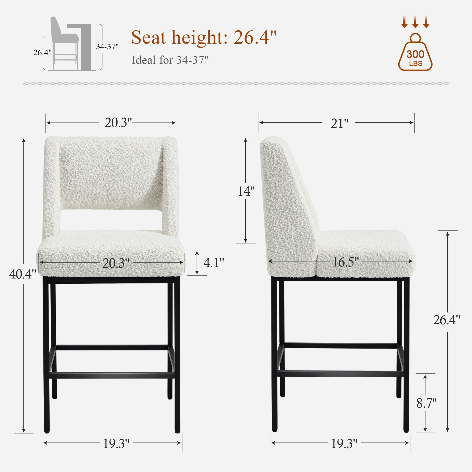 Zesthouse 26.4" Modern Counter Stools Set of 4, Boucle Fabric Bar Stools with Back and Metal Legs, Extra Thick Upholstered Counter Height Chairs for Kitchen Island, White