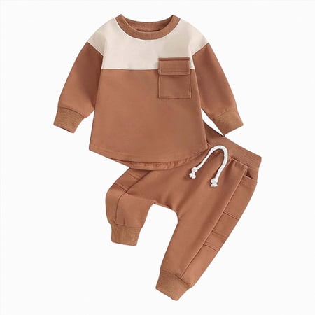 NOLDARES Toddler Baby Boy Fall Clothes Waffle Color Block Sweatshirt Pants Sets Infant Winter Outfits Size:2-3 Y Coffee