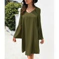 thumbnail image 3 of Vestido de manga acampanada con cuello en V y mangas largas acampanadas, simple, elegante, cómodo, suelto, casual, para la vida diaria, verde, XL, 3 of 7