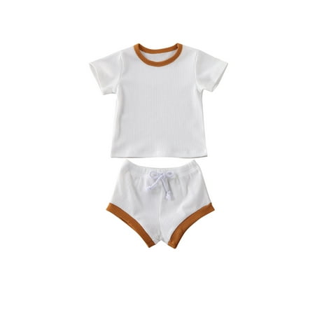 

Newborn Baby Boy Girl Summer Outfits Infant Knitted Ribbed Short Sleeve T-Shirt + Shorts Clothes Set