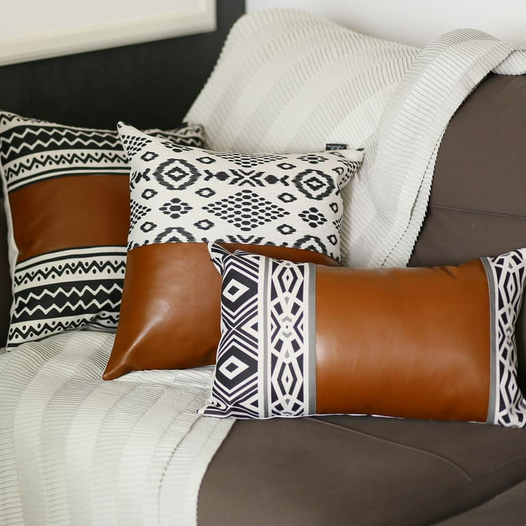 Rectangular Rustic Brown Faux Leather And Geometric Patterns Lumbar Pillow Cover Rectangular Rustic Brown Faux Leather And Geometric Patterns Lumbar Pillow Cover
