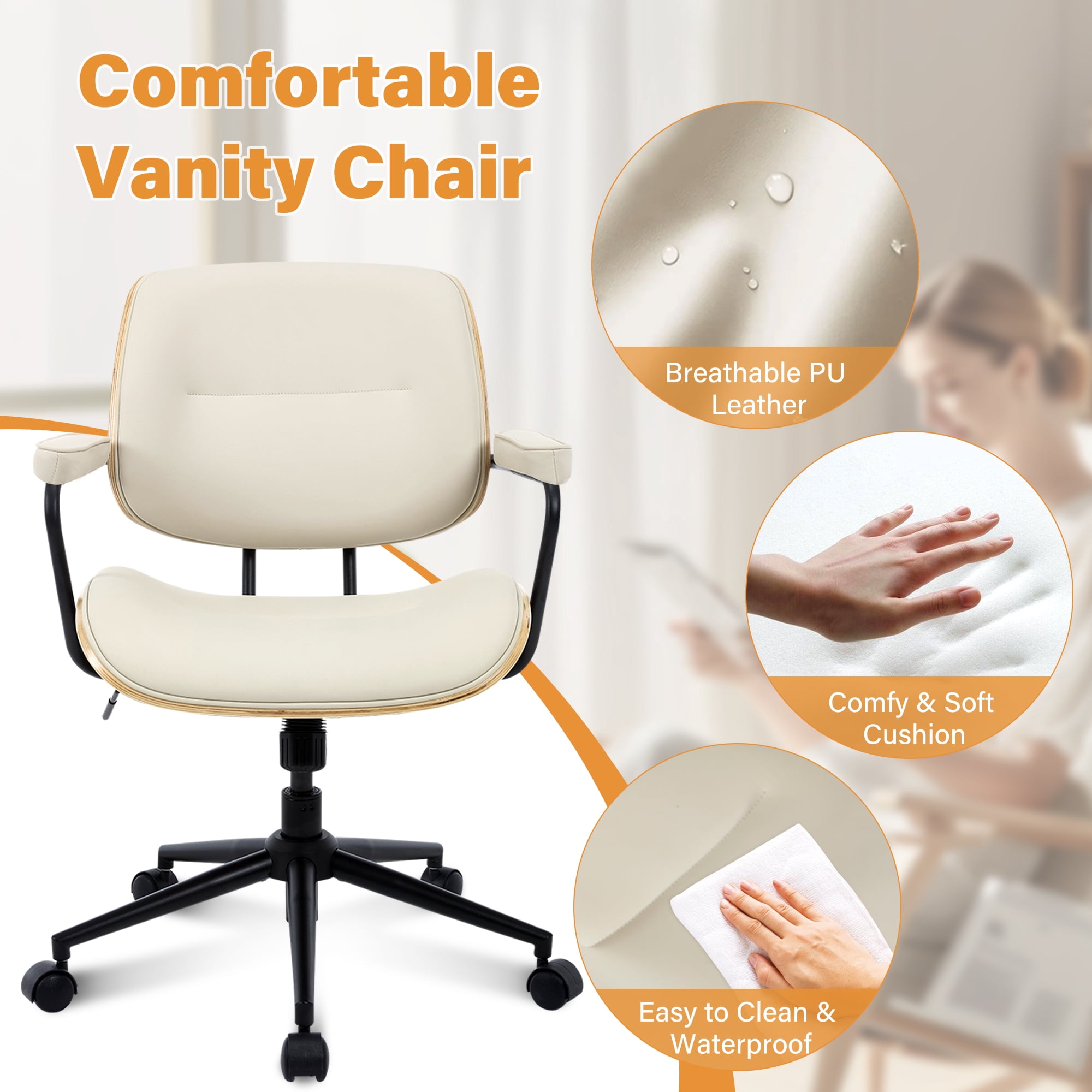 Home Office Chair with Wheel, Mid Century Modern Desk Chairs, Adjustable Height Arm Chair with Walnut Back, PU Leather Task Chair Vanity Chair for Home Office, Reading Room, Beige