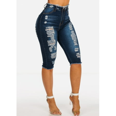 Button Raw Edge - Womens Juniors Casual High Rise Dark Wash 1 Button Ripped Distressed Stretchy Raw Edge Denim Jean Capris Shorts 10641V
