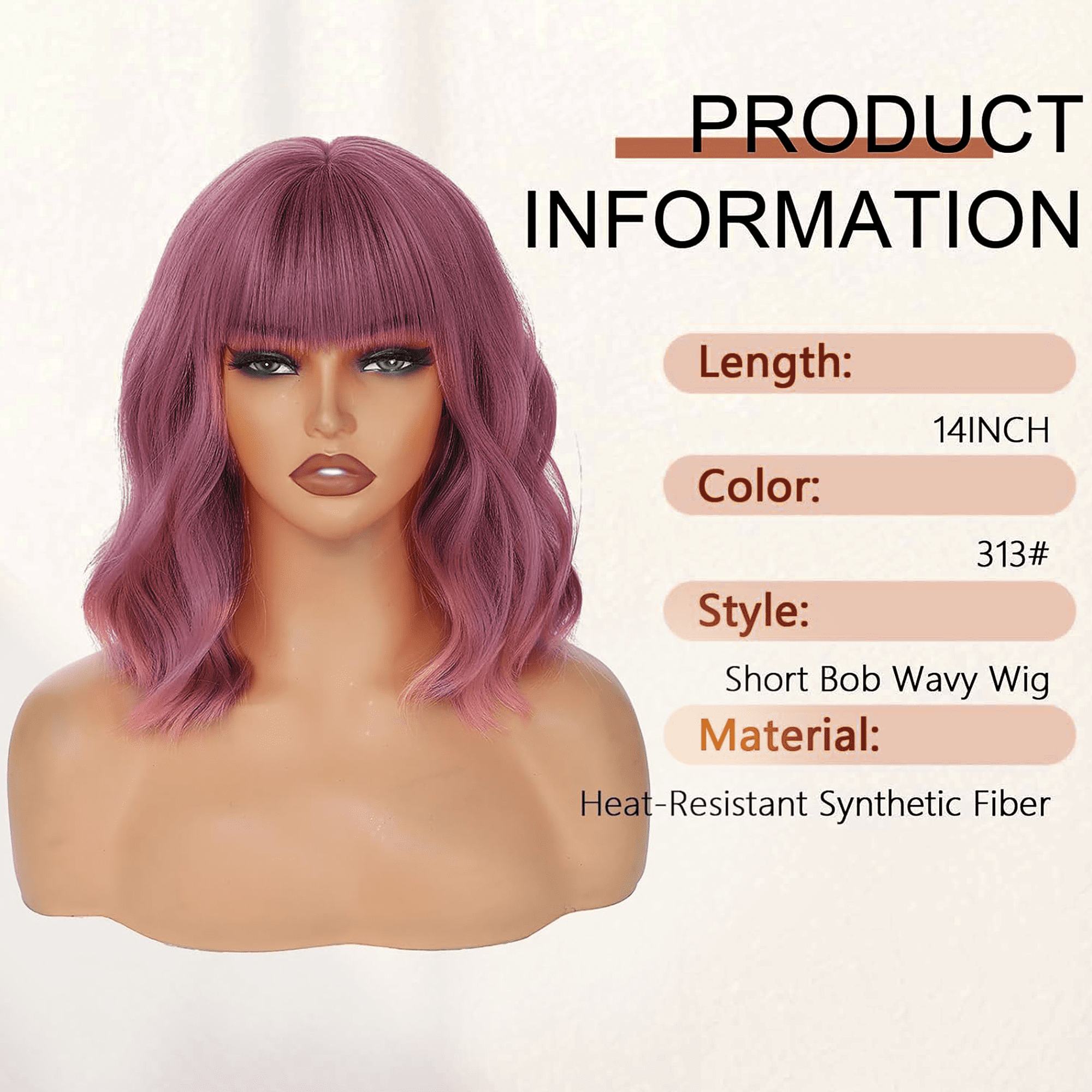 Morovan 13-Inch Heat Resistant Synthetic Bob Wig with Bangs - Natural Look for Daily Wear & Cosplay - Lightweight & Comfortable Wig for Women (Pink)