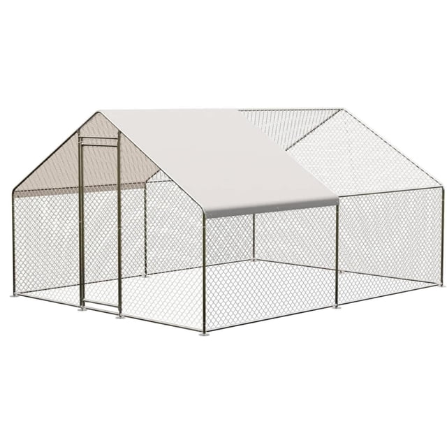 grande metal chicken coop - walk-in poultry cage, 9.8x13.1x6.6 ft corral caminable para aves con armazón de acero resistente a la oxidación, malla hexagonal recubierta en PVC, puerta frontal de acceso y techo a dos aguas de tela Oxford impermeable y resistente a UV que ofrece sombra y ventilación; adecuado para gallinas, patos y pequeños animales.
