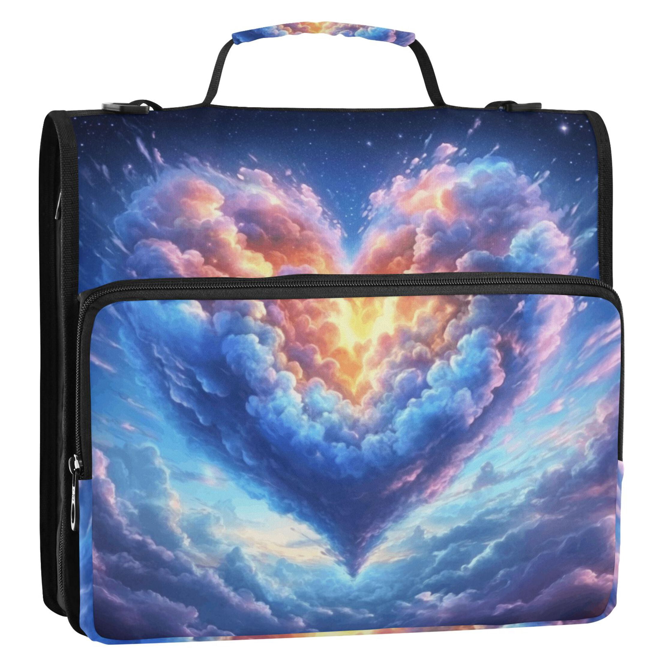 3 Ring Zipper Binder with Shoulder Strap Waterproof Trapper Keeper 2 Inch D-Ring 500 Sheets Capacity Heart Cloud in Sky