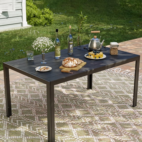 UDPATIO Outdoor Dining Table, Metal Rectangle Table with Umbrella Hole for Garden, Black