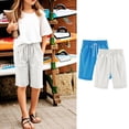 thumbnail image 2 of ZACPNCV 2PC Shorts for Girls Summer Casual Knee Length Bermuda Shorts Kids High Waisted Drawstring Short Pants Teen Girls Clothes Blue 3-4 Years, 2 of 5