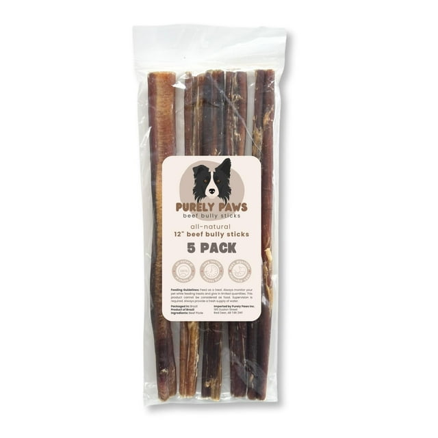 Purely Paws All-Natural Beef Bully Sticks - Very Thick, Safe, Digestible Dog Chews - Long-Lasting, Low-Odour, Rawhide Free - (12 Inch, 5 Count)