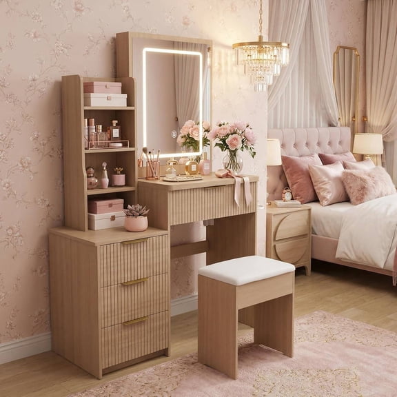Modern 31.5" Lighted Vanity Desk with Mirror, 4 Drawers & Open Shelves, Includes Chair