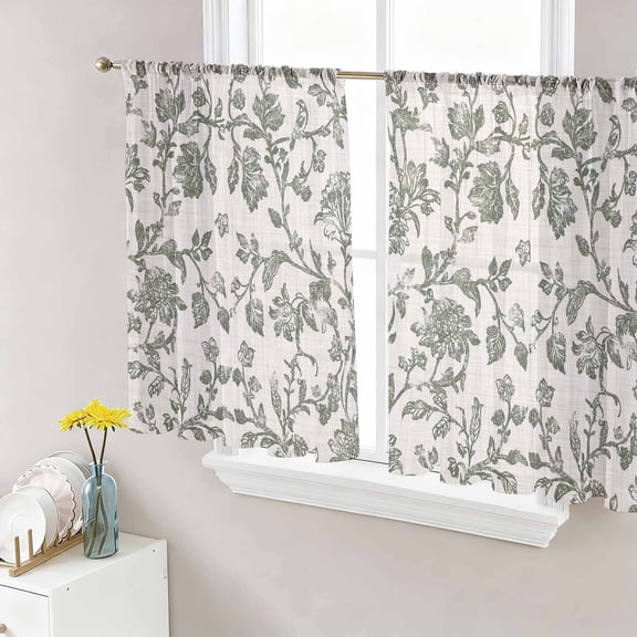Sheer Curtains 45 Inch Length 2 Panels Set for Kitchen, Sage Green Leaf Semi Sheer Curtains for Windows, Retro Farmhouse Plant Floral Branch Voile Window Treatments Rod Pocket Curtain