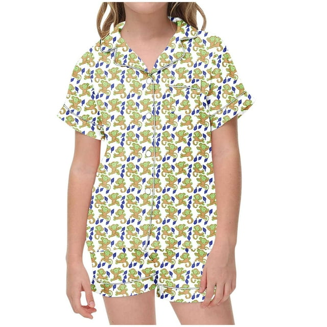 Odeerbi 2-12 Años Niños Niñas Pijama de Verano de Satén Con Solapa de Muesca Camisas de Manga Corta Pantalones Cortos Conjunto Suave Estampado Floral Ropa de Dormir