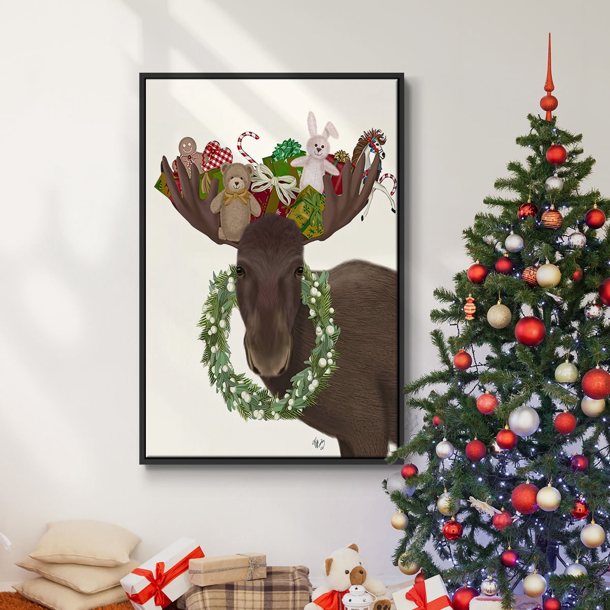 Christmas Moose and Christmas Gifts - Framed Gallery Wrapped Holiday Canvas - 17 x 25 - Black Frame