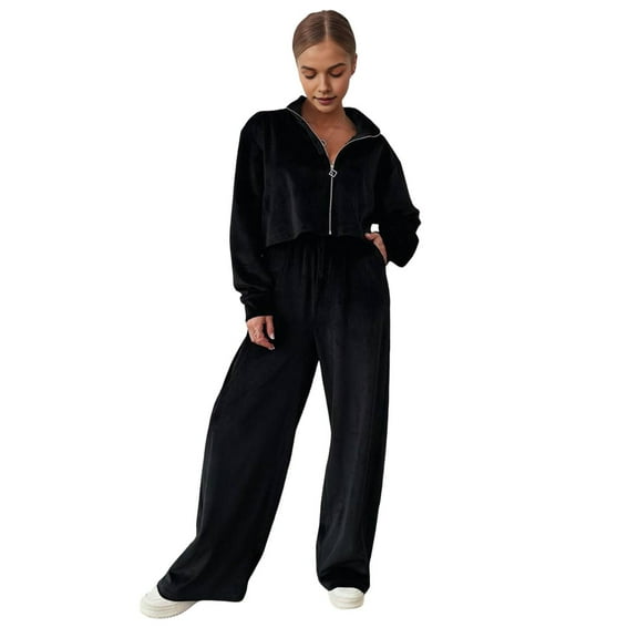 2 Pcs/Set Women Coat Pants Suit Golden Velvet Zip-up Stand Collar Long Sleeve Top Drawstring Elastic Waist Wide Leg Loose Trousers Winter Daily Wear Tracksuit