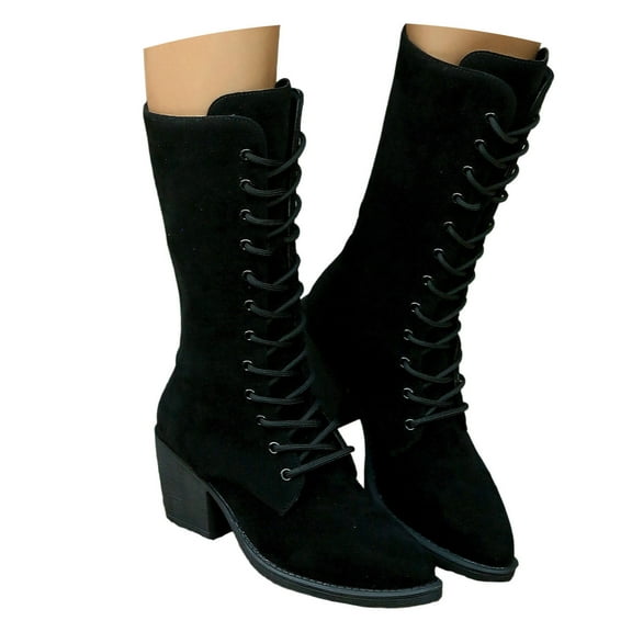shqvo Suede Lace Up Mid Calf Boots for Women Medieval Vintage Chunky Heel Boots Fall Winter Trendy Suede Mid Calf Short Boot Fall Boots for Women 2025