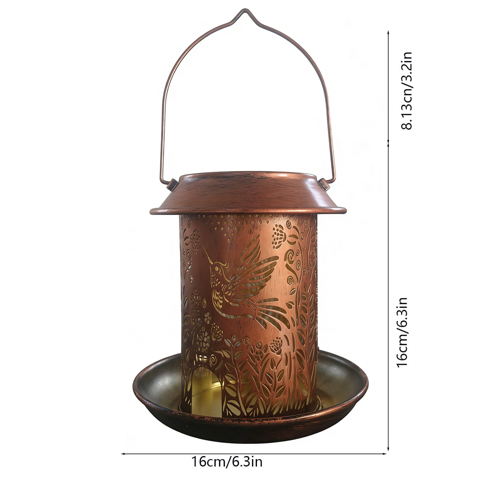 Rijanmt Metal Hanging Bird Feeder with Solar Lamp,Outdoor Waterproof Birdfeeder Tray,Warm Color Solar Light,Hollowed Vintage Chinese Flowers Birds Cover,for Home Garden Porch Wall Tree Decoration