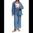 thumbnail image 3 of Traje de Verano para Mujer, de Dos Piezas, con Camisa, Pantalones y Ropa Deportiva Informal para Playa y Vacaciones Azul L, 3 of 10