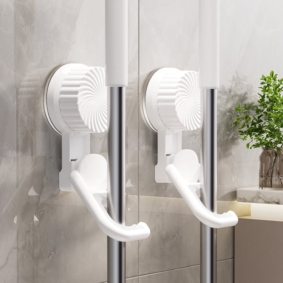 Mop Holder, Broom Hanger, Wall Mount Clip | Organize Cleaning Tools | Adhesive Suction Cup Installation | Bathroom, Kitchen, Home Storage