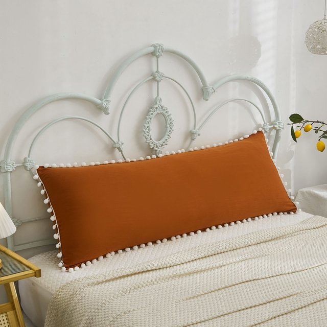 Move Over Burnt Orange Body Pillowcases 20 x54 in, Boho Pillow Cover, Washed Microfiber White Pom Fringe Pattern