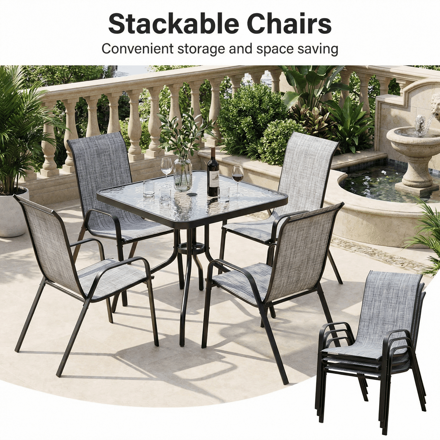TLSUNNY Outdoor Patio Dining Set, Square Glass Table with Umbrella Hole & 4 Stackable Chairs, for Garden, Poolside, Backyard