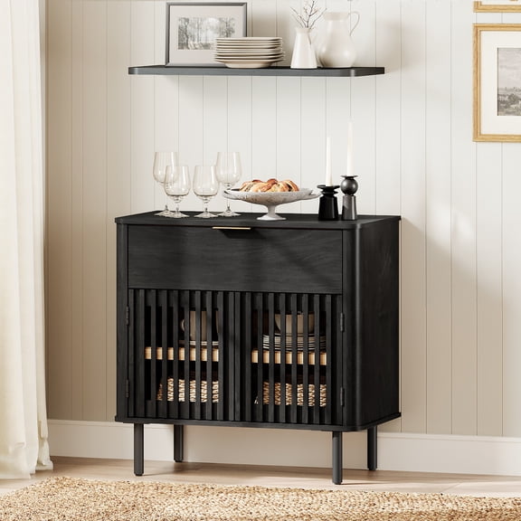31.5" Sideboard Buffet Cabinet with Storage - Fluted Kitchen Credenza Cabinet with Pop-up Doors and Drawer, Black