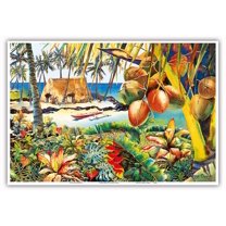Island Bounty - Traditional Hawaiian Thatched Grass Hale (House) - From an Original Hawaii Watercolor Painting by Peggy Chun - Master Art Print (Unframed) 13in x 19in
