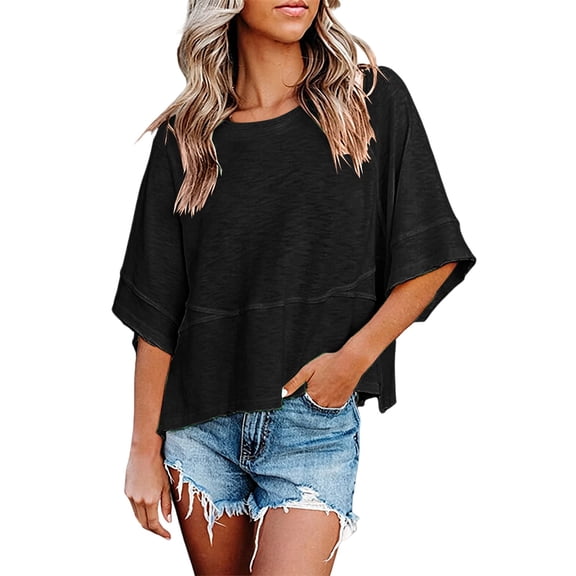 Oversized Tshirts for Women Non Slit Patched Color Bell Sleeve T Shirt Women's Summer Casual Crewneck Batwing Half Sleeve Tee Loose Basic Black Summer Tops for Women