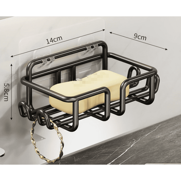 Soap Holder Dish with Hooks for Shower, Bar Suction Cup Soap Tray Wall Mounted, Rustproof Stainless Steel Sponge Holder Caddy for Bathroom Bathtub Kitchen Sink, Black