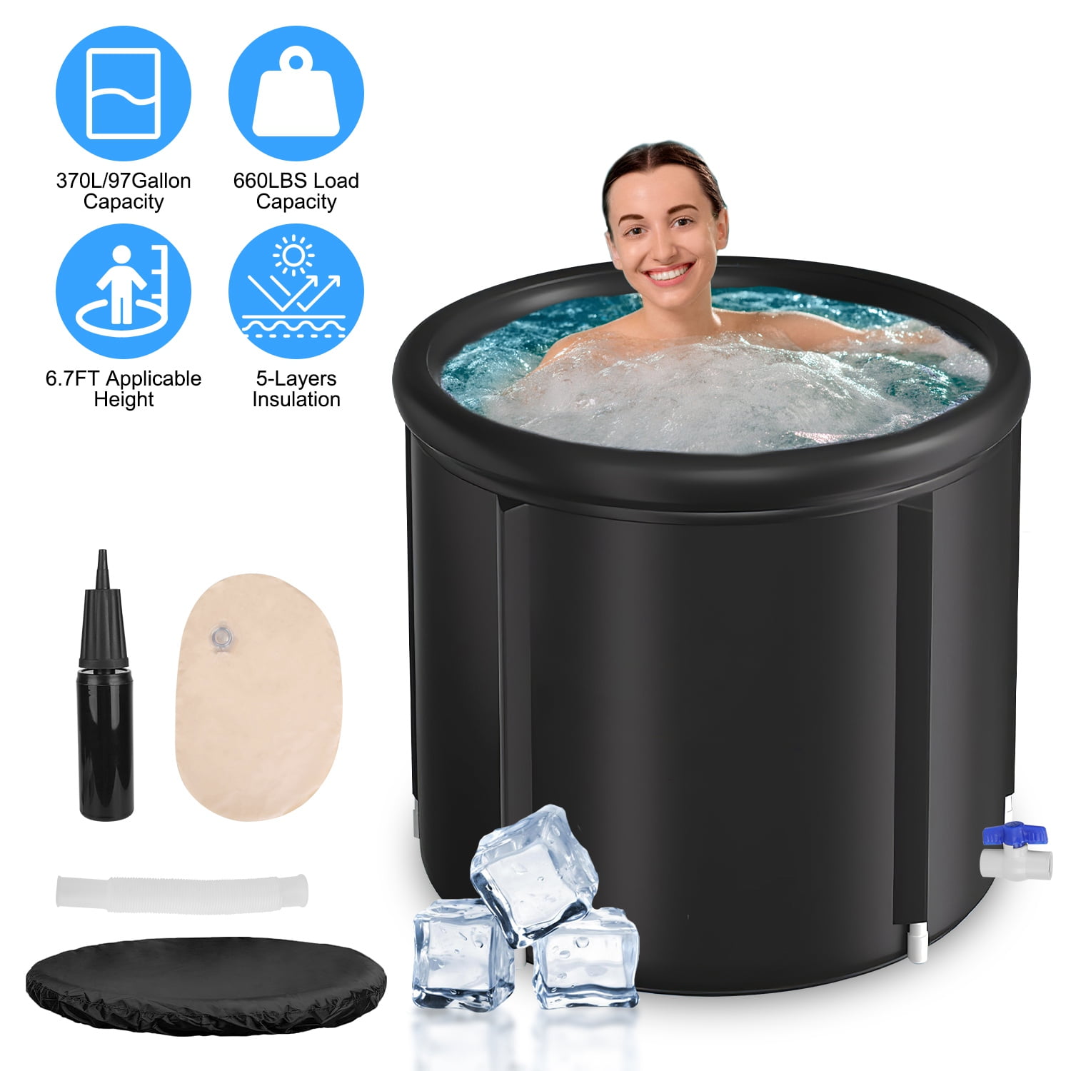 Ice Bath Tub for Athletes with Cover TeqHome 97 Gallons Cold Plunge Tub for Recovery Multiple Layered Portable Ice Bath Plunge Pool Indoors and Outdoors Black