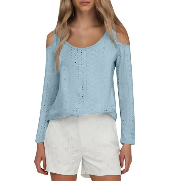 Camiseta de mujer con cuello en V y manga raglán - Diseño calado, informal de otoño, suave y transpirable, fácil de cuidar