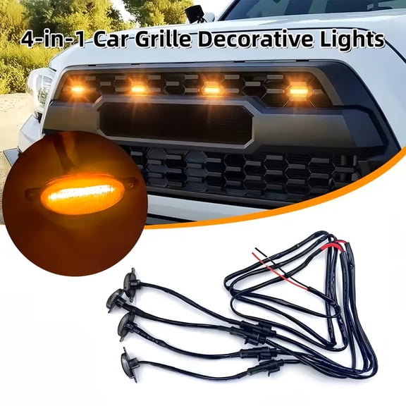 Car Front Jeep Grille Lights 4 PCS ,Waterproof Amber Lens LED Grille Light with Wiring Harness, Exterior Running Lights Raptor Lights,Grill Lights for Trucks,Car Accessories (Black & Yellow)