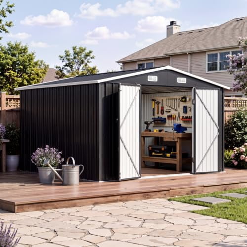 Aoxun 10x12 FT Outdoor Storage Shed with Lockable Double Doors, Black