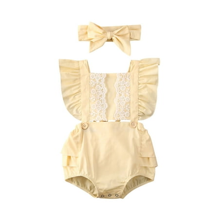 

Canis Baby Girls Lace Romper Solid Sleeveless Jumpsuit Backless Bodysuit with Headband