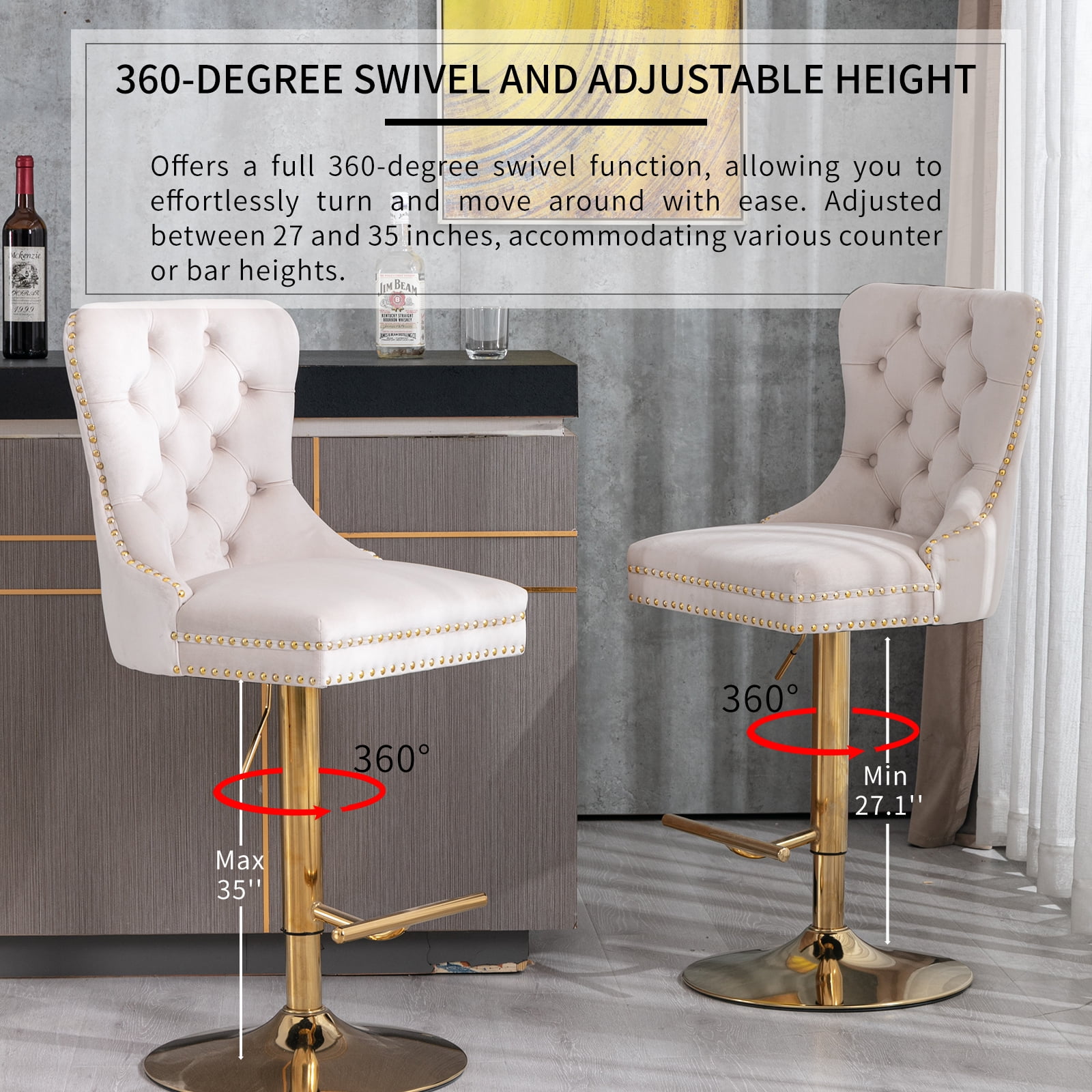 Beige Velvet Swivel Bar Stools Set of 4 with Upholstered Back, Adjustable Counter Height Barstools, Bar Chairs for Home Bar Kitchen Island Pub Restaurant (4 Pcs, Beige)