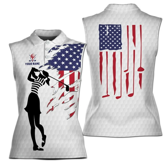 Custom Name Patriotic America Lady Golfer Women Sleeveless Polo XS-4XL
